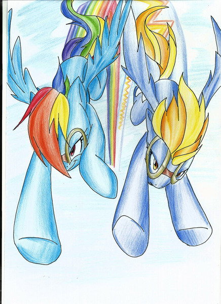 Size: 1700x2338 | Tagged: safe, artist:fenriz278, derpibooru import, lightning dust, rainbow dash, pegasus, pony, colored pencil drawing, duo, flying, goggles, image, jpeg, racing, rainbow trail, speed trail, traditional art