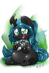 Size: 1299x1949 | Tagged: safe, artist:fenriz278, derpibooru import, queen chrysalis, changeling, changeling larva, changeling queen, chibi, cute, cutealis, female, image, jpeg, mommy chrissy, open mouth, open smile, pacifier, smiling