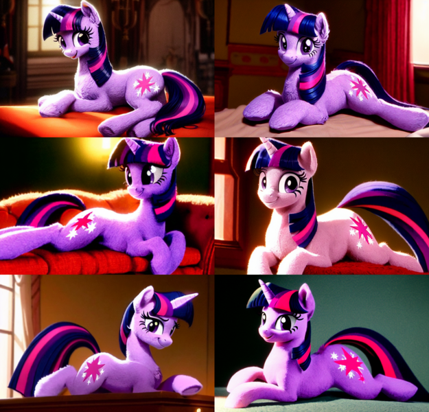 Size: 1600x1536 | Tagged: safe, derpibooru import, machine learning generated, screencap, stable diffusion, twilight sparkle, pony, unicorn, 3d, ai content, cgi, cheek fluff, collage, couch, cum, cute, detailed, detailed hair, ear fluff, eyes open, facial, full body, fur, horn, horns, image, lies, looking at you, png, quality, realistic, realistic anatomy, solo, twiabetes, window