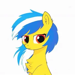 Size: 1157x1159 | Tagged: safe, artist:naweixiya, derpibooru import, oc, oc:sunrise starwave, unofficial characters only, earth pony, pony, blue mane, bust, chest fluff, female, image, jpeg, looking at you, messy mane, red eyes, simple background, yellow skin