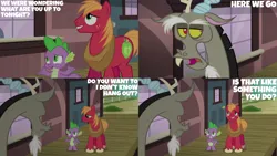 Size: 2000x1125 | Tagged: safe, derpibooru import, edit, edited screencap, editor:quoterific, screencap, big macintosh, discord, spike, dungeons and discords, image, png