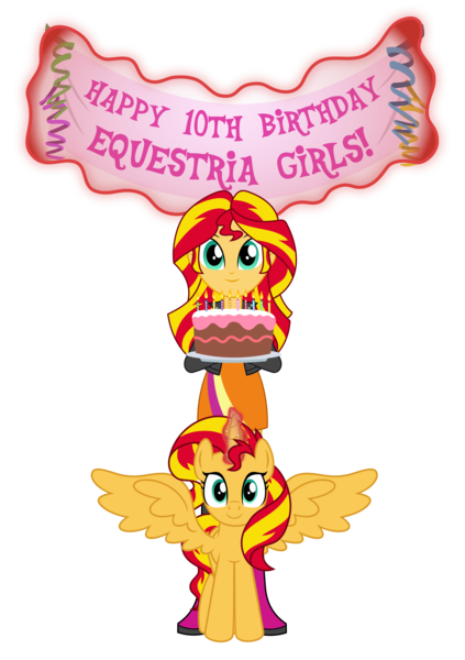 Size: 2983x4230 | Tagged: source needed, safe, anonymous artist, derpibooru import, sunset shimmer, alicorn, human, pony, equestria girls, alicornified, anniversary, banner, birthday, birthday cake, birthday candles, boots, cake, candle, closed mouth, clothes, commission, confetti, equestria girls 10th anniversary, event, exclamation point, eyebrows, eyelashes, eyes open, female, fire, food, g4, happy, high res, holding, holiday, horn, image, jacket, leather, leather boots, leather jacket, looking, looking at you, magic, magic aura, mare, nostrils, numbers, pasties, plate, png, race swap, shimmercorn, shirt, shoes, simple background, skirt, smiling, smiling at you, solo, spread wings, standing, symbol, telekinesis, text, transparent background, wall of tags, wings