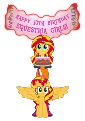 Size: 2983x4230 | Tagged: source needed, safe, anonymous artist, derpibooru import, sunset shimmer, alicorn, human, pony, equestria girls, alicornified, anniversary, banner, birthday, birthday cake, birthday candles, boots, cake, candle, closed mouth, clothes, commission, confetti, equestria girls 10th anniversary, event, exclamation point, eyebrows, eyelashes, eyes open, female, fire, food, g4, happy, high res, holding, holiday, horn, image, jacket, leather, leather boots, leather jacket, looking, looking at you, magic, magic aura, mare, nostrils, numbers, pasties, plate, png, race swap, shimmercorn, shirt, shoes, simple background, skirt, smiling, smiling at you, solo, spread wings, standing, symbol, telekinesis, text, transparent background, wall of tags, wings