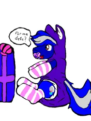 Size: 512x680 | Tagged: suggestive, artist:cavewolfphil, derpibooru import, oc, oc:midnight-delight, earth pony, pony, abdl, christmas, clothes, diaper, diaper fetish, diaper under clothes, fetish, holiday, image, male, onesie, pacifier, png, present, simple background, socks, speech bubble, stallion, white background, wolf onesie