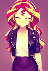 Size: 2048x3072 | Tagged: safe, derpibooru import, editor:lerkyboy, machine learning assisted, machine learning generated, stable diffusion, sunset shimmer, human, adorasexy, ai content, clothes, cute, eyes closed, female, generator:purplesmart.ai, image, jacket, jpeg, leather, leather jacket, prompter:lerkyboy, sexy, shirt, simple background, skirt, smiling, solo, solo female