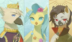 Size: 6000x3500 | Tagged: safe, derpibooru import, princess skystar, gryphon, hippogriff, zebra, equestria at war mod, my little pony: the movie, aritst:jijizi, bust, grover, image, jpeg, portrait