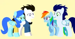 Size: 1980x1020 | Tagged: safe, artist:mlplary6, derpibooru import, rainbow dash, soarin', oc, oc:cloudy storm, oc:sky thunder, pegasus, pony, blushing, father in law, female, image, looking at each other, looking at someone, male, mare, meeting, mother in law, parents in law, png, shipping, shy, simple background, smiling, soarindash, stallion, straight