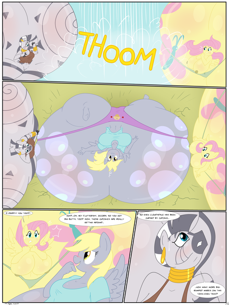 Size: 1800x2400 | Tagged: questionable, artist:necrofeline, derpibooru import, derpy hooves, fluttershy, zecora, anthro, pegasus, pony, zebra, series:the booty trap, series:the booty trap 6, blushing, both cutie marks, breasts, butt, butt blush, butt expansion, clothes, comic, duo, duo female, ear piercing, earring, female, flutterbutt, growth, huge butt, hyper, hyper butt, image, impossibly large butt, jewelry, large butt, large butt 28377 + loincloth, neck rings, nipples, nudity, panties, piercing, png, trio, underwear, word bubble, zecorass