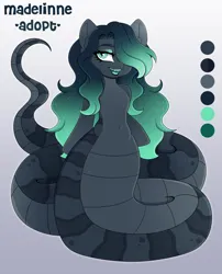 Size: 3600x4447 | Tagged: safe, artist:madelinne, derpibooru import, oc, unofficial characters only, lamia, original species, adoptable, adoptable open, adoption, advertisement, advertisement in description, belly, color palette, ear fluff, eyelashes, fangs, full body, gradient background, gradient mane, hair over one eye, high res, image, lipstick, long hair, makeup, open mouth, open smile, png, reference sheet, scales, smiling, snake tail, solo, sparkly mane, tail, watermark