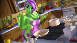 Size: 2048x1152 | Tagged: suggestive, artist:loveslove, derpibooru import, oc, oc:zippy sparkz, anthro, 3d, breasts, cooking, cutie mark, female, happy, image, jpeg, looking at you, solo, solo female, source filmmaker, tail