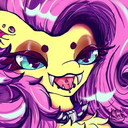 Size: 3000x3000 | Tagged: safe, artist:umbrapone, derpibooru import, fluttershy, bat pony, pony, bat ears, bat ponified, bedroom eyes, bust, chest fluff, collar, ear piercing, fangs, flutterbat, fluttergoth, image, leather, leather collar, lidded eyes, lip piercing, maw, piercing, pink mane, png, portrait, race swap, solo, spiked collar, tongue piercing