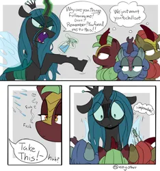 Size: 2500x2672 | Tagged: safe, artist:icey, derpibooru import, cinder glow, queen chrysalis, summer flare, oc, oc:nova glow, changeling, changeling queen, kirin, female, image, mundane utility, png, spray bottle, water