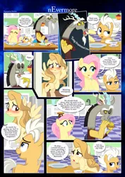 Size: 3259x4607 | Tagged: safe, artist:estories, derpibooru import, discord, fluttershy, oc, oc:alice goldenfeather, oc:fable, draconequus, pegasus, pony, comic:nevermore, ..., apple, blushing, bread, breakfast, comic, cup, eating, egg, eyes closed, food, image, implied shipping, jam, messy mane, mouth hold, muffin, open mouth, pegasus oc, png, question mark, show accurate, speech bubble, teacup, toast, toaster, wings