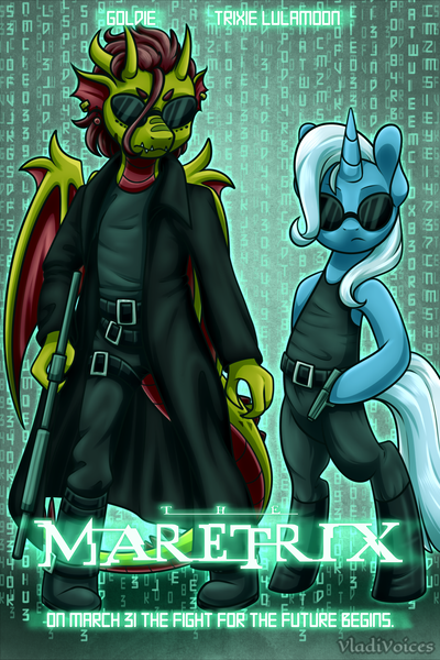 Size: 1500x2250 | Tagged: safe, artist:vladivoices, derpibooru import, trixie, dragon, pony, unicorn, bipedal, clothes, crossover, image, movie poster, movie reference, png, sunglasses, the matrix