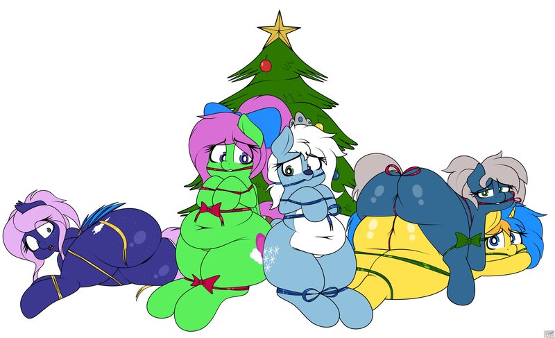 Size: 4096x2491 | Tagged: suggestive, artist:blitzyflair, derpibooru import, oc, oc:icicle crash, oc:spiral galaxies, oc:zippy sparkz, bat pony, deer, deer pony, original species, pegasus, pony, bondage, christmas, christmas tree, fat, female, holiday, image, jpeg, mare, simple background, tied up, tree, white background