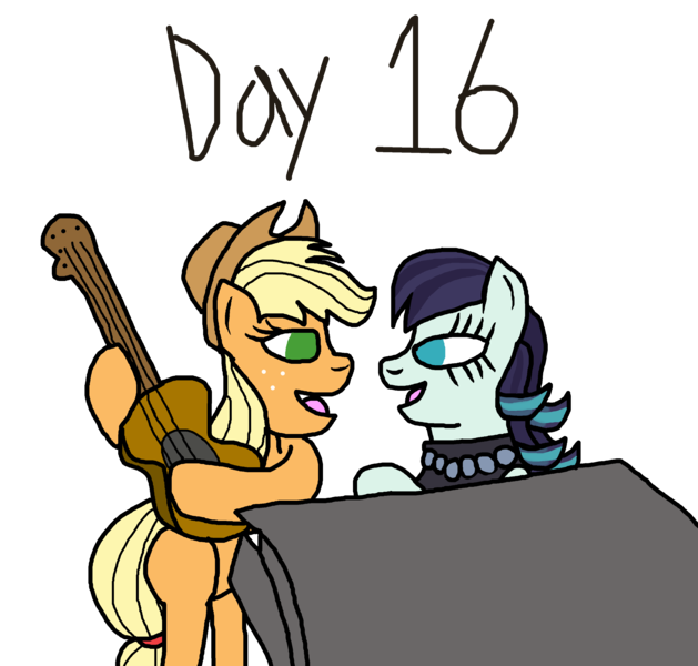 Size: 3143x3000 | Tagged: safe, artist:bigpurplemuppet99, derpibooru import, applejack, coloratura, female, guitar, image, lesbian, musical instrument, png, rarajack, shipping, simple background, transparent background