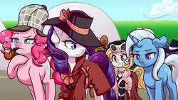 Size: 3840x2160 | Tagged: safe, artist:vladivoices, derpibooru import, pinkie pie, rarity, trixie, earth pony, pony, unicorn, bubble pipe, deerstalker, detective rarity, hat, image, pipe, png, sherlock pie, sunglasses