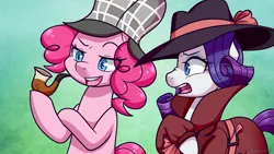 Size: 3840x2160 | Tagged: safe, artist:vladivoices, derpibooru import, pinkie pie, rarity, earth pony, pony, unicorn, bubble pipe, deerstalker, detective rarity, gradient background, hat, image, pipe, png, sherlock pie