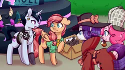 Size: 3840x2160 | Tagged: safe, artist:vladivoices, derpibooru import, pinkie pie, rarity, pegasus, pony, unicorn, box, bubble pipe, cable, deerstalker, detective rarity, hat, image, pipe, png, sherlock pie