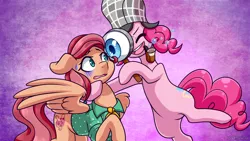 Size: 3840x2160 | Tagged: safe, artist:vladivoices, derpibooru import, pinkie pie, earth pony, pegasus, pony, bubble pipe, deerstalker, gradient background, hat, image, magnifying glass, pipe, png, sherlock pie