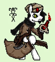 Size: 604x673 | Tagged: safe, artist:damset, derpibooru import, oc, oc:observer, unofficial characters only, unicorn, clothes, dagger, darkest dungeon, green background, image, male, ms paint, occultist, pixel art, png, simple background, skull, solo, weapon