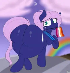 Size: 3920x4080 | Tagged: source needed, suggestive, artist:blitzyflair, derpibooru import, oc, oc:spiral galaxies, bat pony, pony, butt, fat, female, image, jpeg, large butt, lesbian, lesbian pride flag, looking at you, looking back, looking back at you, mare, mouth hold, pride, pride flag, rainbow, the ass was fat