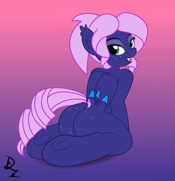 Size: 1981x2048 | Tagged: source needed, suggestive, artist:drzedworth, derpibooru import, oc, oc:spiral galaxies, unofficial characters only, bat pony, pony, semi-anthro, bat pony oc, bat wings, butt, fangs, gradient background, image, jpeg, looking at you, solo, wings