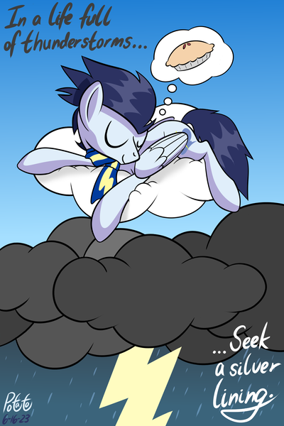 Size: 1500x2250 | Tagged: safe, artist:notadeliciouspotato, derpibooru import, soarin', pegasus, pony, atg 2023, clothes, cloud, cute, food, image, male, newbie artist training grounds, on a cloud, pie, png, scarf, signature, sleeping, sleeping on a cloud, smiling, soarinbetes, solo, stallion, text, thunderstorm