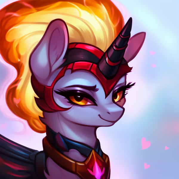 Size: 768x768 | Tagged: safe, derpibooru import, machine learning generated, stable diffusion, daybreaker, alicorn, pony, ai content, armor, armor skirt, beautiful eyes, breastplate, clothes, generator:purplesmart.ai, horn, image, jewelry, looking at you, mane of fire, png, pony ears, prompter:mr-bat, regalia, skirt, smiling, smiling at you