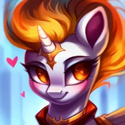 Size: 768x768 | Tagged: safe, derpibooru import, machine learning generated, stable diffusion, daybreaker, alicorn, pony, ai content, blushing, clothes, cute, generator:purplesmart.ai, heart, horn, image, looking sideways, mane of fire, png, pony ears, prompter:mr-bat, small horn, smiling