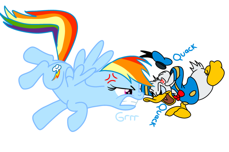 Size: 1095x730 | Tagged: safe, artist:fanvideogames, derpibooru import, rainbow dash, angry, disney, donald duck, female, image, looking at each other, looking at someone, male, png