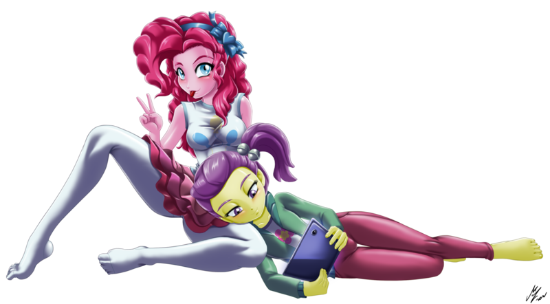 Size: 3116x1723 | Tagged: safe, alternate version, artist:mauroz, lily pad (equestria girls), pinkie pie, equestria girls, breasts, busty pinkie pie, child, clothes, female, image, lilypie, png, simple background, tablet, transparent background, underage, young