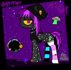 Size: 1910x1870 | Tagged: safe, artist:xxv4mp_g4z3rxx, derpibooru import, oc, oc:spaced out, unofficial characters only, pegasus, pony, arrow, beanie, bracelet, clothes, collar, colored sclera, ear piercing, eyeliner, eyeshadow, folded wings, gray coat, hat, image, jewelry, kandi bracelet, lip piercing, looking at you, makeup, mismatched socks, nonbinary, piercing, png, purple eyes, reference sheet, scar, self harm, self harm scars, signature, skull, smiley face, smiling, socks, solo, standing, tail, tanktop, torn clothes, two toned mane, two toned tail, ufo, wings, yellow sclera