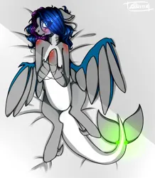 Size: 873x1000 | Tagged: artist needed, safe, derpibooru import, oc, oc:nightsong, unofficial characters only, hybrid, original species, pony, shark, shark pony, elepatrium, image, jpeg, kalharia, kalharia's wings, piercing, shoulder blush, simple background, solo, tail, tail piercing, universe elepatrium, white background