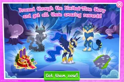 Size: 1960x1301 | Tagged: safe, derpibooru import, idw, official, princess luna, unnamed character, alicorn, pony, advertisement, armor, bush, english, ethereal mane, female, gameloft, helmet, horn, idw showified, image, jpeg, limited-time story, mare, mobile game, my little pony: magic princess, nightmare creature, nightmare forces, numbers, spread wings, text, throne, unnamed nightmare forces, whiskers, wings