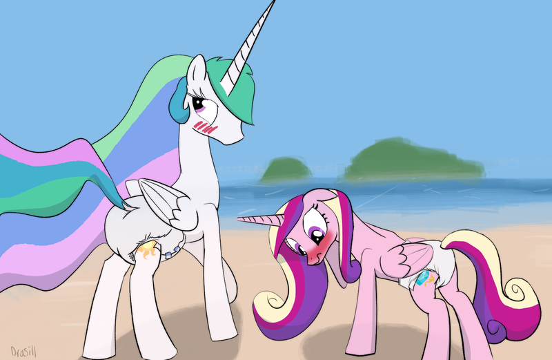 Size: 1659x1080 | Tagged: safe, artist:drasill, derpibooru import, princess cadance, princess celestia, alicorn, beach, blushing, diaper, diaper fetish, duo, duo female, embarrassed, female, fetish, image, island, non-baby in diaper, ocean, png, raised hoof, water