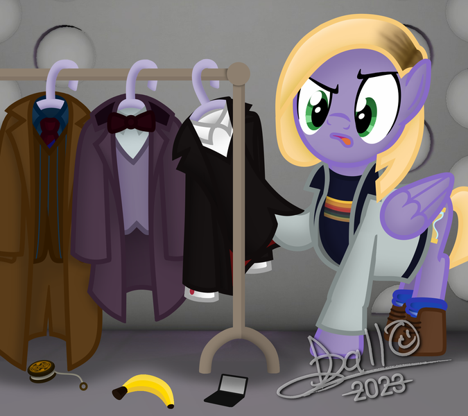 Size: 1756x1561 | Tagged: safe, artist:tidmouthmilk12, derpibooru import, doctor whooves, time turner, human, pegasus, atg 2023, banana, boots, bowtie, clothes, crossover, doctor who, food, image, newbie artist training grounds, png, psychic paper, seal of rassilon, shoes, socks, solo, thirteenth doctor, yo-yo