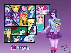 Size: 4032x3024 | Tagged: safe, artist:lennondash, derpibooru import, adagio dazzle, applejack, aria blaze, flash sentry, fluttershy, juniper montage, pinkie pie, rainbow dash, rarity, sci-twi, sonata dusk, spike, starlight glimmer, sunset shimmer, trixie, twilight sparkle, wallflower blush, dog, human, equestria girls, clothes, cutie mark, cutie mark on clothes, equestria girls 10th anniversary, glasses, gradient background, grin, humane five, humane seven, humane six, image, looking at you, looking back, looking up, one eye closed, png, smiling, spike the dog, text, twolight, wink