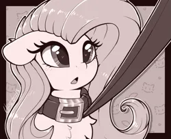 Size: 1115x907 | Tagged: safe, artist:llametsul, derpibooru import, fluttershy, pegasus, pony, atg 2023, blushing, collar, flutterpet, heart, heart eyes, image, leash, monochrome, newbie artist training grounds, open mouth, png, signature, solo, wingding eyes