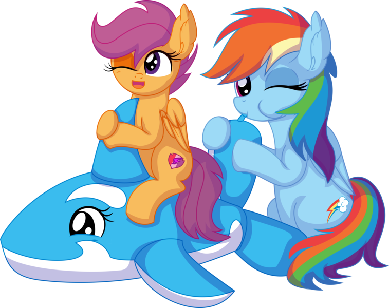 Size: 8230x6522 | Tagged: safe, artist:cyanlightning, derpibooru import, rainbow dash, scootaloo, pegasus, pony, whale, air nozzle, blowing, cute, cutealoo, dashabetes, ear fluff, female, filly, foal, image, inflatable, inflatable toy, inflating, looking at you, loonerdash, mare, one eye closed, png, pool toy, puffy cheeks, riding, scootalove, siblings, simple background, sisters, transparent background, vector, wink