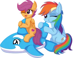 Size: 8230x6522 | Tagged: safe, artist:cyanlightning, derpibooru import, rainbow dash, scootaloo, pegasus, pony, whale, air nozzle, blowing, cute, cutealoo, dashabetes, ear fluff, female, filly, foal, image, inflatable, inflatable toy, inflating, looking at you, loonerdash, mare, one eye closed, png, pool toy, puffy cheeks, riding, scootalove, siblings, simple background, sisters, transparent background, vector, wink