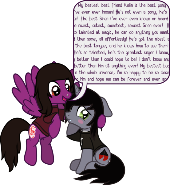 Size: 2122x2303 | Tagged: safe, artist:lightningbolt, derpibooru import, oc, ponified, ponified:kellin quinn, pegasus, pony, unicorn, .svg available, best friends, blushing, clothes, derpibooru exclusive, dialogue, disguise, disguised siren, duo, duo male, embarrassed, fangs, floppy ears, flying, horn, hug, image, jewelry, male, necklace, nose piercing, open mouth, pierce the veil, piercing, png, shirt, show accurate, simple background, sitting, sleeping with sirens, slit pupils, speech bubble, spread wings, stallion, t-shirt, talking, transparent background, vector, vic fuentes, wings