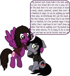 Size: 2122x2303 | Tagged: safe, artist:lightningbolt, derpibooru import, oc, ponified, ponified:kellin quinn, pegasus, pony, unicorn, .svg available, best friends, blushing, clothes, derpibooru exclusive, dialogue, disguise, disguised siren, duo, duo male, embarrassed, fangs, floppy ears, flying, horn, hug, image, jewelry, male, necklace, nose piercing, open mouth, pierce the veil, piercing, png, shirt, show accurate, simple background, sitting, sleeping with sirens, slit pupils, speech bubble, spread wings, stallion, t-shirt, talking, transparent background, vector, vic fuentes, wings