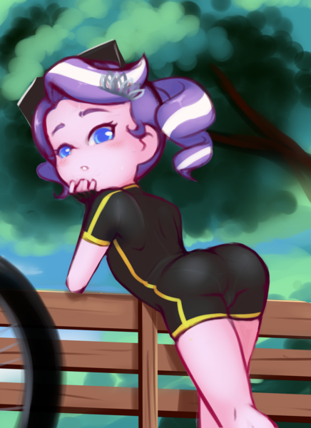 Size: 1381x1900 | Tagged: suggestive, artist:drantyno, diamond tiara, equestria girls, bicycle, butt, child, clothes, diamond buttiara, image, looking back, png, rear view, sports outfit, tight clothing, younger