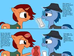 Size: 2000x1500 | Tagged: safe, artist:blazewing, derpibooru import, oc, oc:syntax, oc:tough cookie, unofficial characters only, unicorn, 2 panel comic, atg 2023, blue background, clothes, comic, duo, fedora, glasses, happy, hat, image, jacket, magic, magic aura, newbie artist training grounds, paper, png, raised hoof, sad, simple background, smiling, talking, telekinesis, text, vase, vest