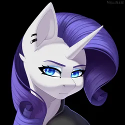 Size: 1024x1024 | Tagged: safe, artist:villjulie, derpibooru import, rarity, pony, unicorn, black background, bust, ear clip, image, png, simple background, solo