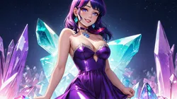 Size: 1600x896 | Tagged: suggestive, derpibooru import, machine learning generated, stable diffusion, twilight sparkle, abstract background, ai content, breasts, choker, cleavage, clothes, crystal, dress, ear piercing, earring, generator:ultra infinity v1, image, jewelry, jpeg, lipstick, looking at you, piercing, prompter:marusame, purple eyes, smiling, smiling at you, solo, standing, teeth