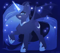 Size: 1700x1500 | Tagged: safe, artist:villjulie, derpibooru import, nightmare moon, princess luna, alicorn, pony, ear cleavage, ear piercing, earring, glow, glowing horn, horn, image, jewelry, jpeg, piercing, raised hoof, solo