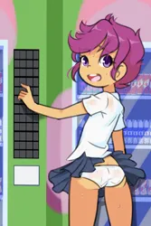Size: 1280x1920 | Tagged: suggestive, artist:drantyno, scootaloo, equestria girls, accidental exposure, butt, clothes, female, image, looking back, panties, png, scootabutt, shirt, skirt, sweat, underwear, upskirt, vending machine