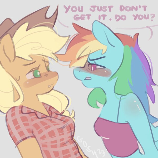 Size: 3600x3600 | Tagged: safe, artist:goshhhh, derpibooru import, applejack, rainbow dash, anthro, earth pony, pegasus, appledash, blushing, bust, clothes, duo, female, image, jpeg, lesbian, shipping, text